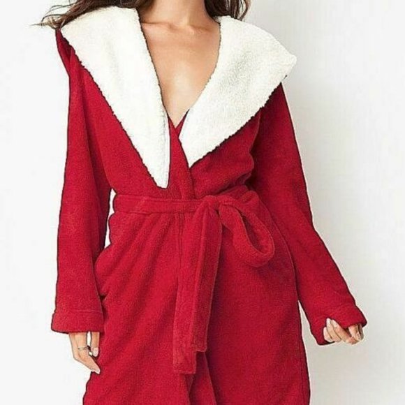 Victoria's Secret Cozy Hooded Plush Fleece W Sherpa Short Robe oritq - Picture 1 of 8
